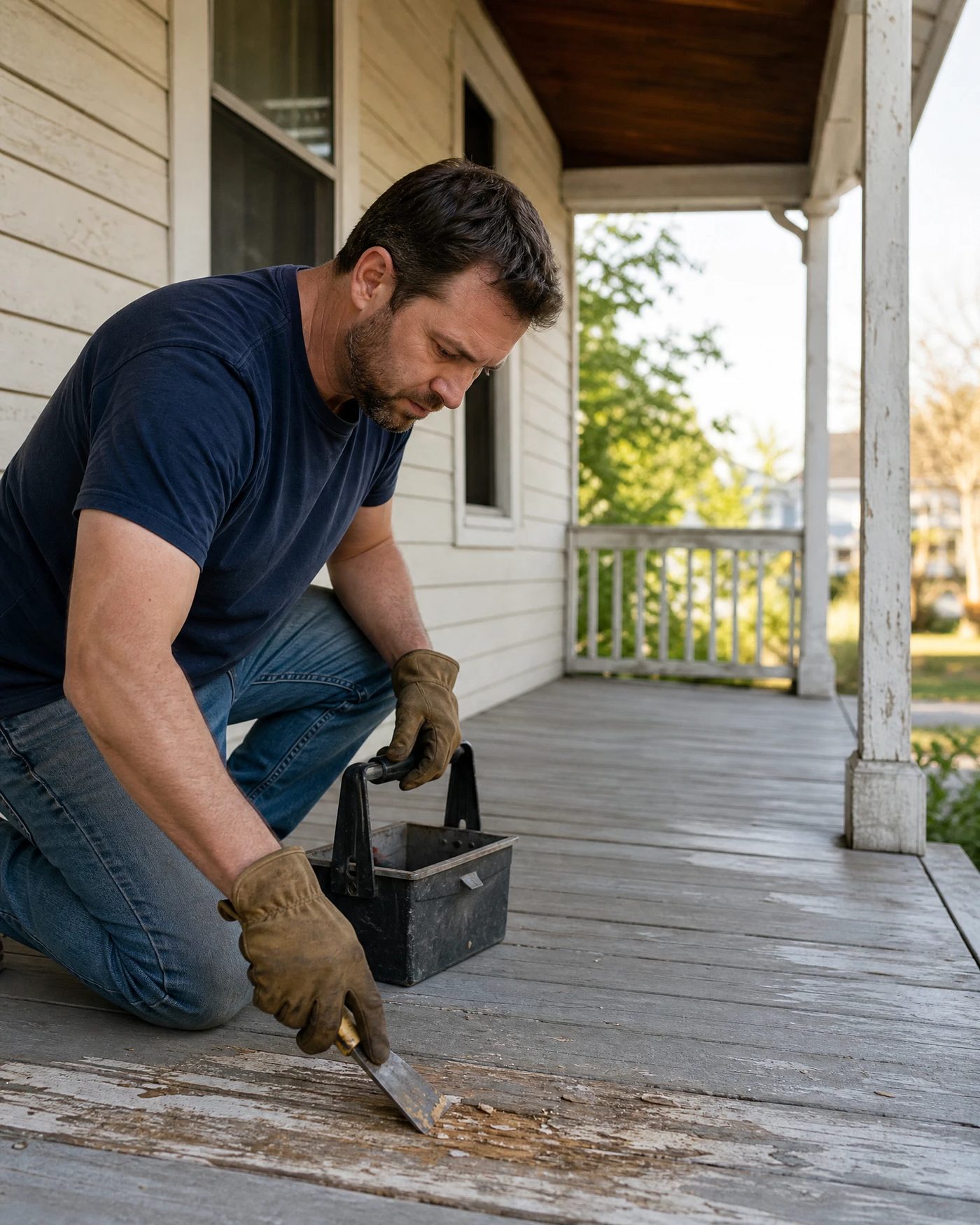 Father improving a modest home