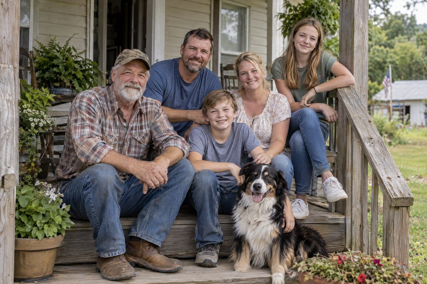 American family in front of a modest home