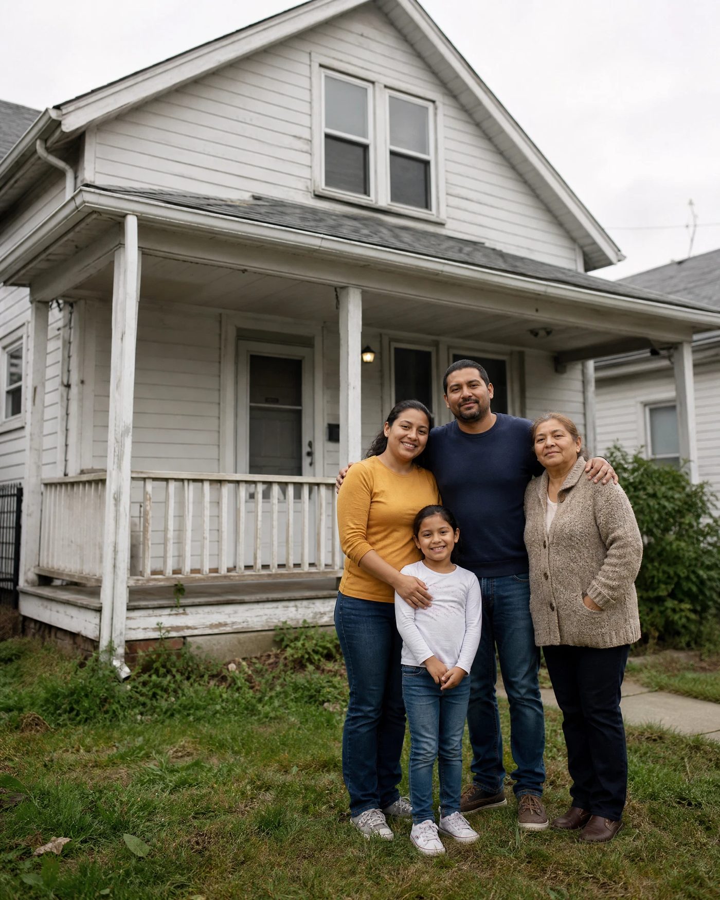 Familia frente a una casa sencilla